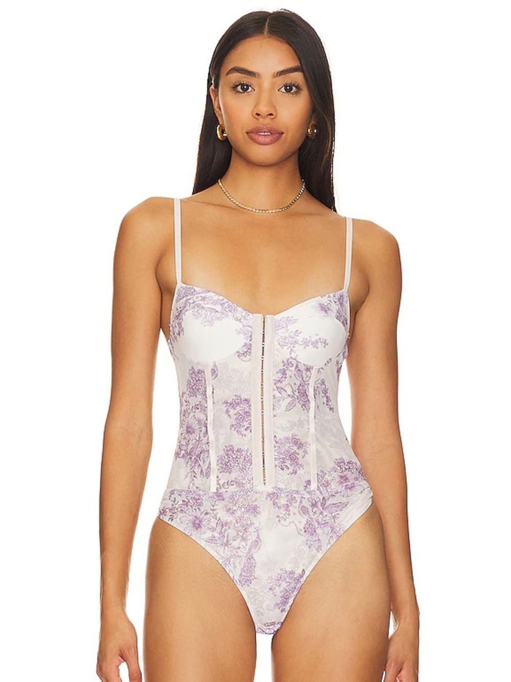 Free People Intimately Ivory Purple Floral Mesh Corset Bodysuit Size Large NWT